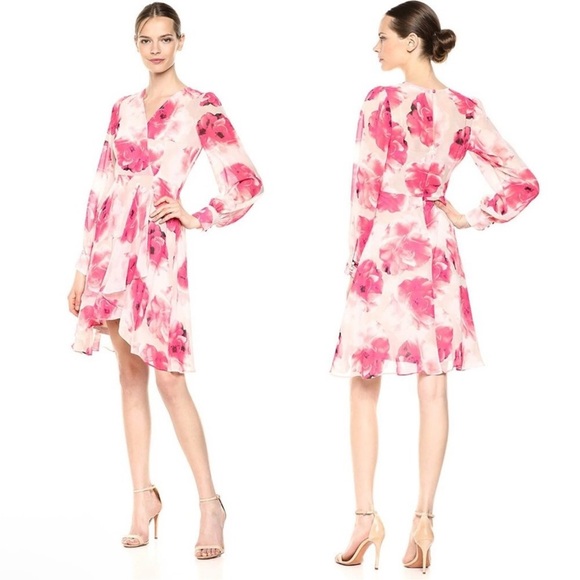 Calvin Klein V-Neck Blouson Sleeve Faux Wrap Midi Dress Size 4 NWT - Picture 1 of 7